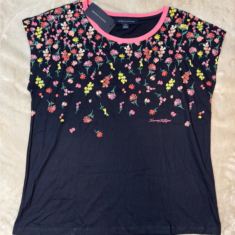Tommy Hilfiger Women's Black Top with Floral Accents